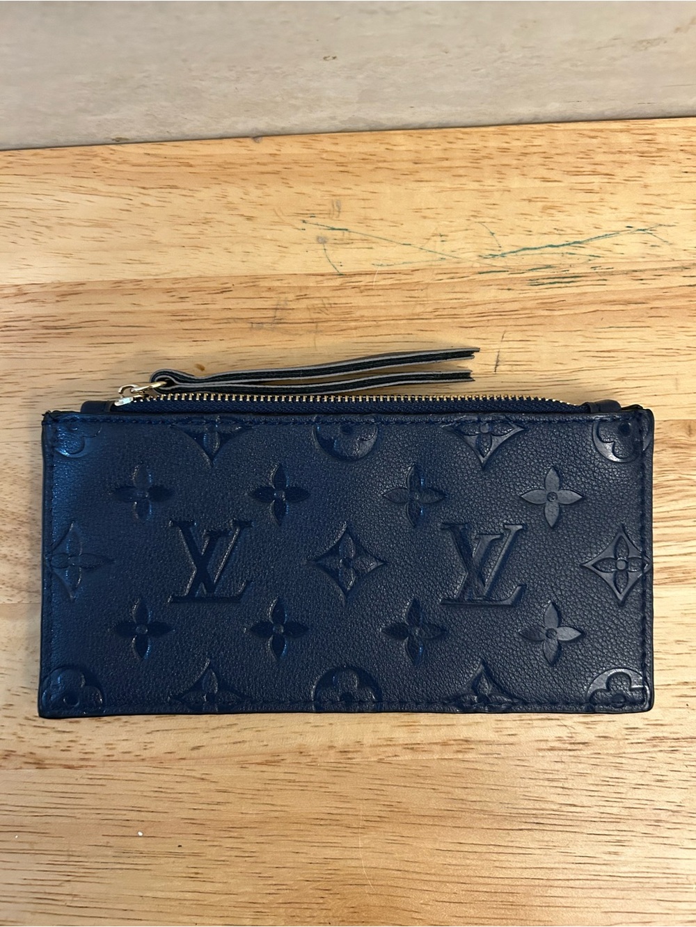Designer Inspired Embossed Monogram Leather Zip Card Holder in Navy